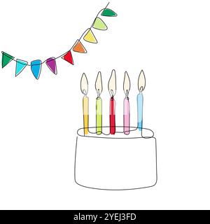 Celebration cake with colored candles and flags. Greeting card concept for birthday, holiday, wedding. One line art, doodle style. Hand drawn vector i Stock Vector