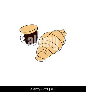 Croissant and cup of coffee. One continuous line drawing. Breakfast theme with pastry and coffee for cafe, shop, backery. Hand drawn vector illustrati Stock Vector