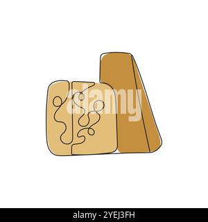 Holed yellow cheese in one continious line drawing. Dairy, milk products. Hand drawn vector illustration. Stock Vector