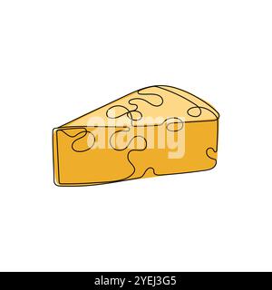 Piece of yellow cheese with holes in one line drawing style. Dairy, milk products. Hand drawn vector illustration. Stock Vector