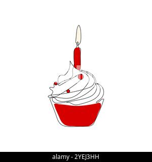 Birthday sweet cupcake with cream and candle. Hand drawn celebration dessert. One single line vector illustration. Stock Vector