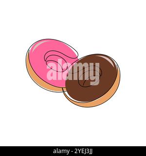 Glazed donuts in one line drawing style. Tasty, sweet pastry. Fast food, bakery concept. Hand drawn vector illustration. Stock Vector