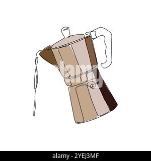 Italian coffee geyser pot in one continuous line drawing. Traditional, vintage coffeemaker. Hand drawn vector illustration. Stock Vector