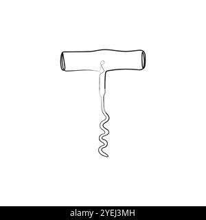 Opener for alcoholic beverages. Metal spiral and wooden handle. Bottle-screw or wine bottle opener. Hand drawn vector illustration. Stock Vector