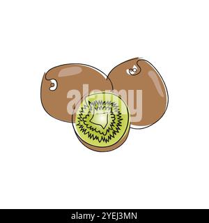 Kiwi fruit in one line art drawing style. Fresh food vegan concept design. Continuous hand drawn vector illustration. Stock Vector