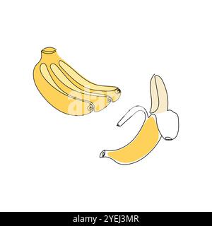 Yellow one banana, a bunch of bananas. Hand drawn tropical fruit. Continuous line drawing vector illustration Stock Vector