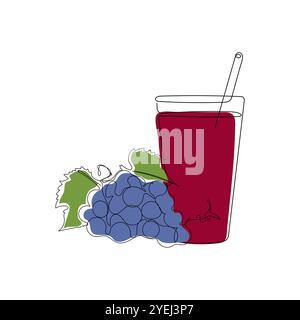 Glass of fresh grape juice. A ripe dark blue grapes grone. Hand drawn vector illustration of fruit and juice in minimalist one line art style. Stock Vector