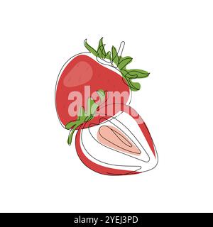 Red strawberry. One continuous line drawing style. Sliced and whole organic fresh berry. Hand drawn vector illustration. Stock Vector