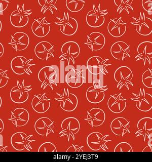 Seamless pattern of tomato in line art style on red background. Vegetable design for package, wallpaper, menu. Stock Vector