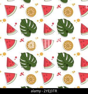 Colorful seamless summer pattern with tropical fruits. Lemon, watermelon and tropical leave on a white background. Vector illustration. Stock Vector