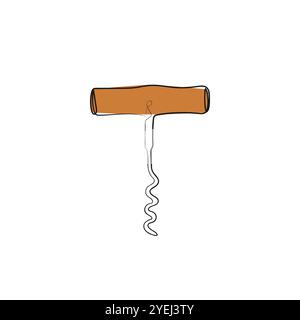 Opener for alcoholic beverages. Metal spiral and wooden handle. Bottle-screw or wine bottle opener. Hand drawn vector illustration. Stock Vector