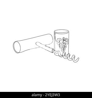 Corkscrew with cork in one line drawing style. Opener for alcoholic beverages. Metal spiral and wooden handle. Bottle-screw or wine bottle opener. Han Stock Vector