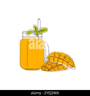 Glass of fresh mango juice, mango tropical fruit. Hand drawn vector illustration of fruit and juice in minimalist one line art style. Stock Vector