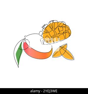 Mango tropical fruit. One line drawing art color illustration. Hand drawn vector illustration. Stock Vector