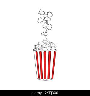 Pop corn in stripped paper box in one continuous line drawing style. Snack for watching movies. Hand drawn vector illustration. Stock Vector