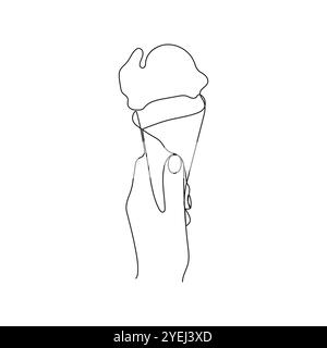 Hand holding ice cream. One continuous line drawing. Ice cream horn. Hand drawn vector illustration. Stock Vector