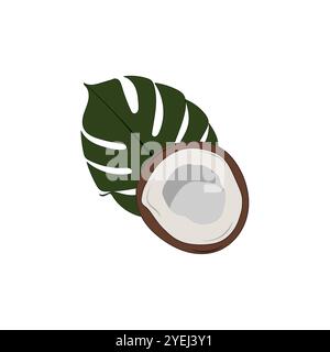 Coconut and tropical leaf. Cut in half summer fruit. Flat vector illustration. Stock Vector