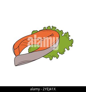 Salmon fish steak on a lettuce leaf. Line art drawing. Hand drawn vector illustration. Stock Vector