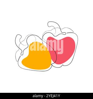 Continuous one line drawing bell pepper, paprika. Minimalist black one line sketch with color spots isolated on white background. Stock Vector