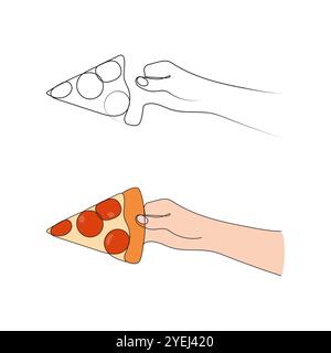 Hand holding a piece of pizza. Pizza slice, italian fast food. One line art. Hand drawn vector illustration. Stock Vector