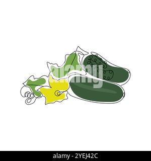 Cucumber with leaves and flower. Pickle in continuous line art drawing style. Healthy, organic vegetable. Abstract green colored hand drawn vector. Stock Vector