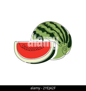 Watermelon berry fruit in one continuous line drawing style. Minimalist colorful sketch. Hand drawn abstract vector illustration. Stock Vector