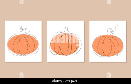 Continuous line drawing pumpkin. Autumn pumpkin line art. Colour hand drawn harvest illustration. Minimalist art. Stock Vector