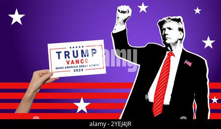 Donald Trump 2024 campaign logo and portrait of Donald Trump. Stock Photo