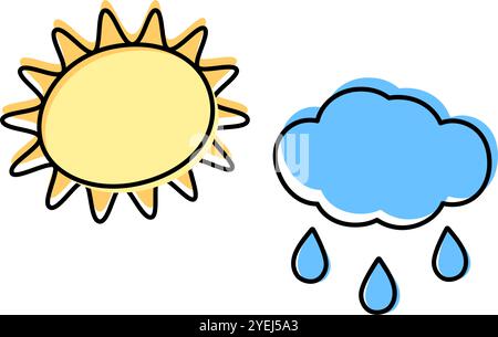Stylized Sun with rays and cloud with drops Simple linear icon with color fill not along contour. Isolated Vector illustration Sticker, pointers, cards, posters, banner, price tags, label or web promo Stock Vector