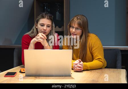 Two businesswoman using laptop In boardroom meeting. Global business staff, office workers, working on computer, looking details of agreement, opportu Stock Photo