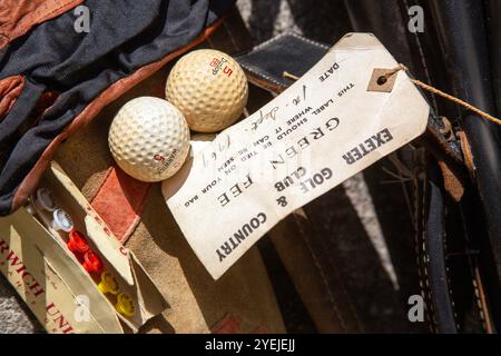 vintage golf equipment,Hickory Golf Clubs X4 Gutty Era Long Nose Play Clubs Replicas Driver Spoon, With Hickory Shaft And Ash Handle,wound balls, Stock Photo