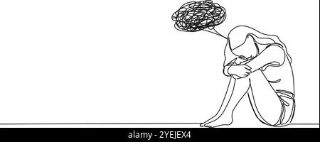 Line Drawing Disturbed Expression continuous single line drawing of confused and stressed man sitting at ...