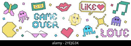 Pixel Y2k retro sticker pack. 90s trendy playful stickers and icons. 8bit aesthetics vector illustration. Simple geometric form, smile, lips, butterfly. Funny colored badge isolated on white. Stock Vector