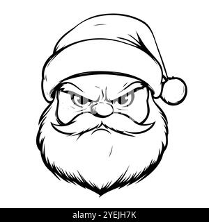 Angry Santa Claus face with furrowed eyebrows and bushy beard in black and white illustration Stock Vector