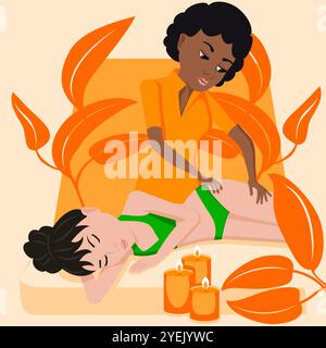 Lymphatic massage. Therapy and treatment by professional therapist in SPA. Isolated flat vector illustration. African and Asian ethnicity. Stock Vector