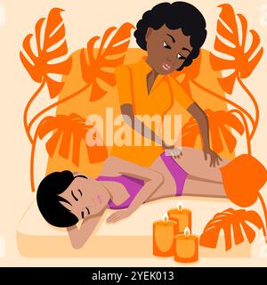 Lymphatic massage. Therapy and treatment by professional therapist in SPA. Isolated flat vector illustration. African and Indian ethnicity. Stock Vector