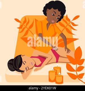 Lymphatic massage. Therapy and treatment by professional therapist in SPA. Isolated flat vector illustration. African and Eastern ethnicity. Stock Vector