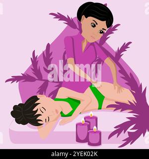 Lymphatic massage. Therapy and treatment by professional therapist in SPA. Isolated flat vector illustration. Indian and Asian ethnicity. Stock Vector