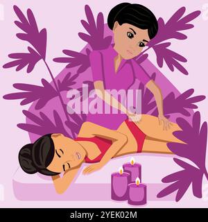 Lymphatic massage. Therapy and treatment by professional therapist in SPA. Isolated flat vector illustration. Indian and Eastern ethnicity. Stock Vector