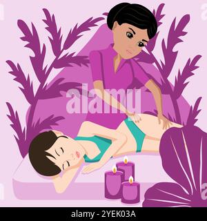 Lymphatic massage. Therapy and treatment by professional therapist in SPA. Isolated flat vector illustration. Indian and European ethnicity. Stock Vector