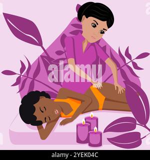 Lymphatic massage. Therapy and treatment by professional therapist in SPA. Isolated flat vector illustration. Indian and African ethnicity. Stock Vector