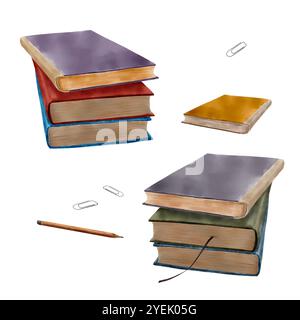A set of watercolor books and a stack of books stacked one on top of the other. Watercolor illustration, colorful clipart on a white background. Penci Stock Photo