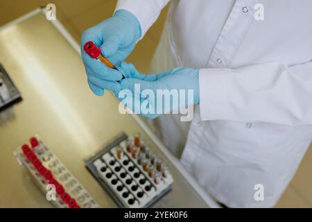 Laboratory technician holding a tube with blood sample in gloved hands, while working in a clinical environment with various samples on counter Stock Photo