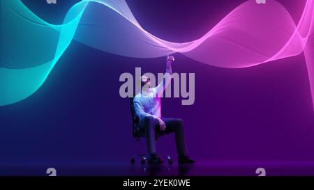 Businessman sits, engaging with stream of interactive data in digital environment, symbolizing data analysis and artificial intelligence Stock Photo