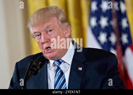 President Donald Trump speaks during an event to honor the 2024 NHL