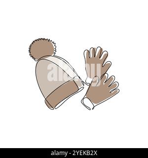 Winter hat and glove in continuous one line art style. Knitted, winter clothes. Cold weather accessories. Hand drawn vector illustration. Stock Vector