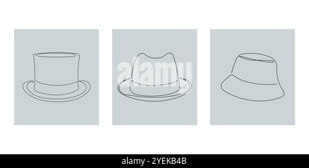 Hats vintage collection for elegant man in one continuous line style. Top hat, panama and bucket hat. Hand drawn vector illustration. Stock Vector