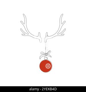 Deer antlers with Christmas ball. Christmas card with deer horns and a ball on white background. Postcard vector template. Stock Vector