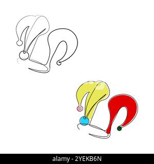Circus jester fool hat in one line drawing style. Funny clown cap with bells. Harlequin costume. Carnival headgear. Hand drawn vector illustration. Stock Vector