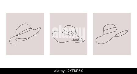 Collection of elegant women Hats in one continuous line drawing style. Minimalist female sun hat, panama with ribbon decoration. Hand drawn vector. Stock Vector